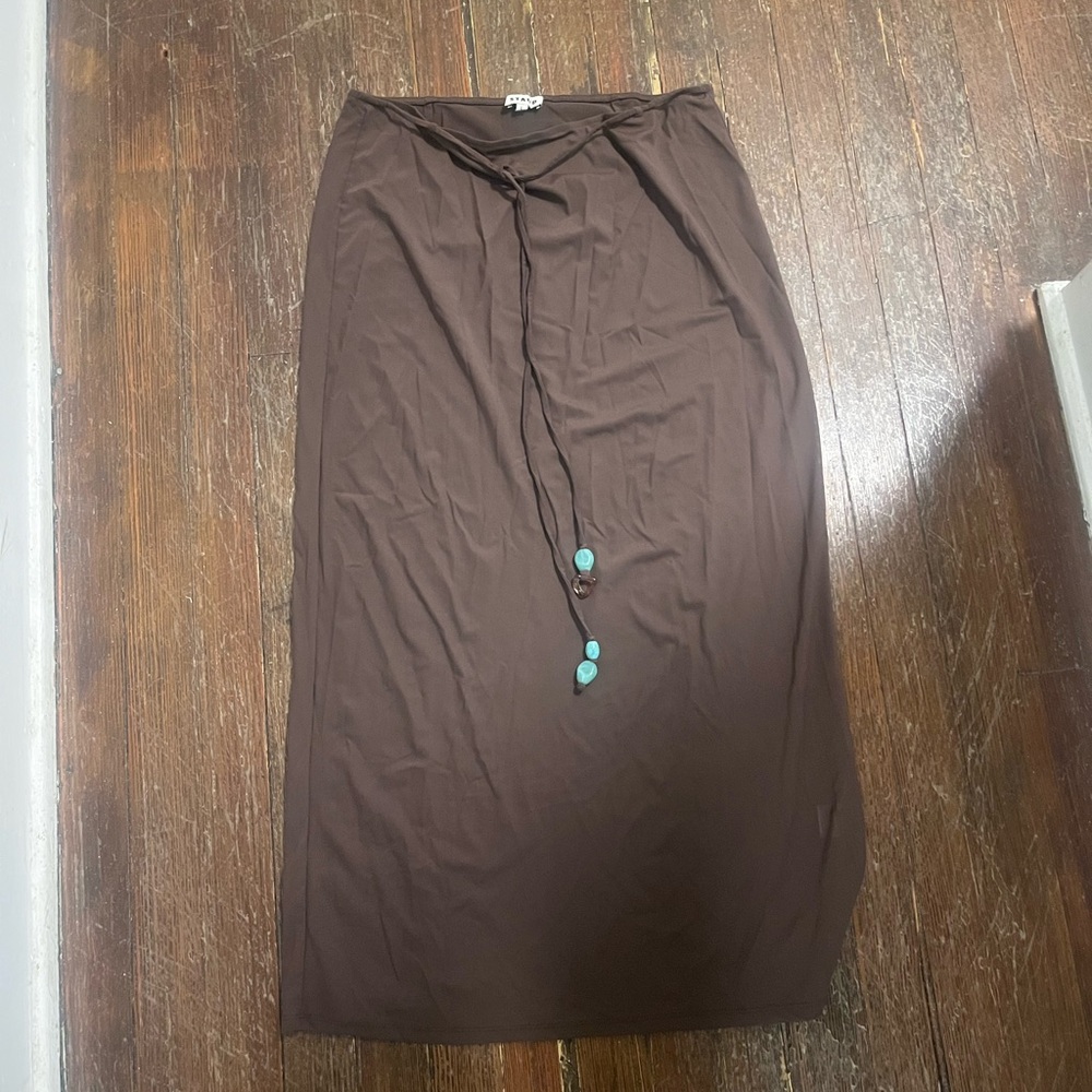 STAUD Brown Maxi Skirt swim cover up with Turquoise Bead Tie